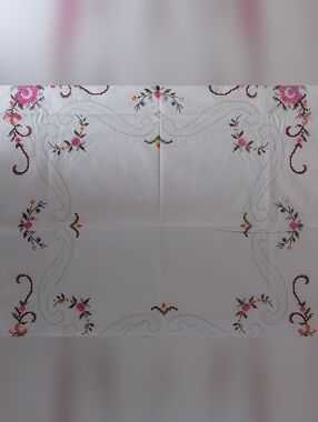 1950s Heirloom Cotton Tablecloth – Pink Roses Cross-Stitch with Venetian Style